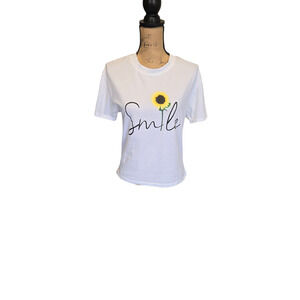 Plain white graphic "smile" tee with sunflower, size small